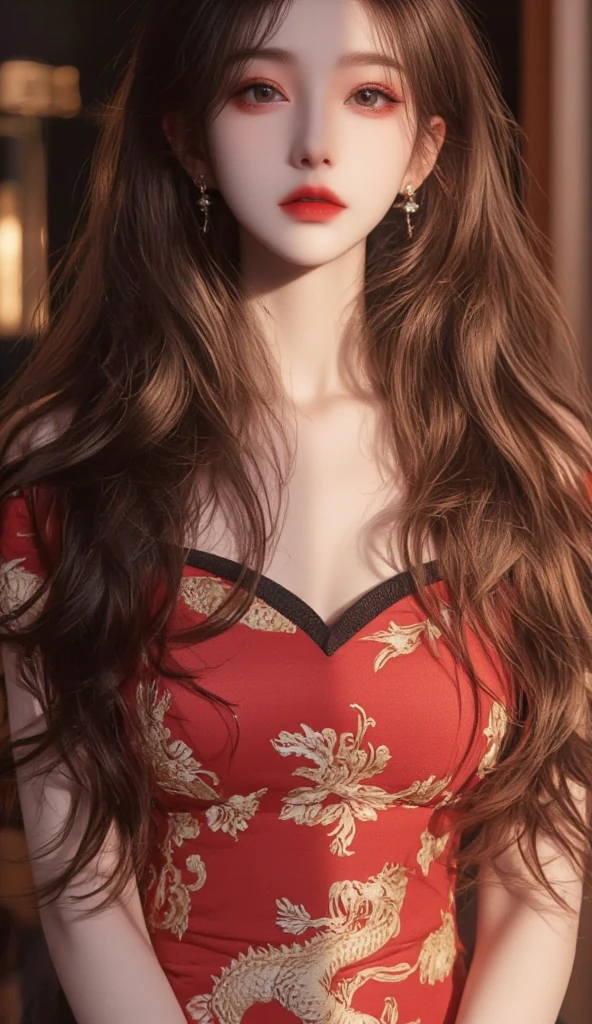 Medium breasts, cleavage (a variable pose photo), beautiful face, highly detailed face and skin texture, (long wavy hair, light red hair, parted bangs), brown eyes, raised eyebrows, blue, :o Bright eyeliner: 1.1 , bright skin, Light skin: 1.2, (bright lips with romantic smile: 1.2), (19 years old), (neck strap, beautiful black dress with modern style details, lace details), in the room of a palace medieval, sensual pose