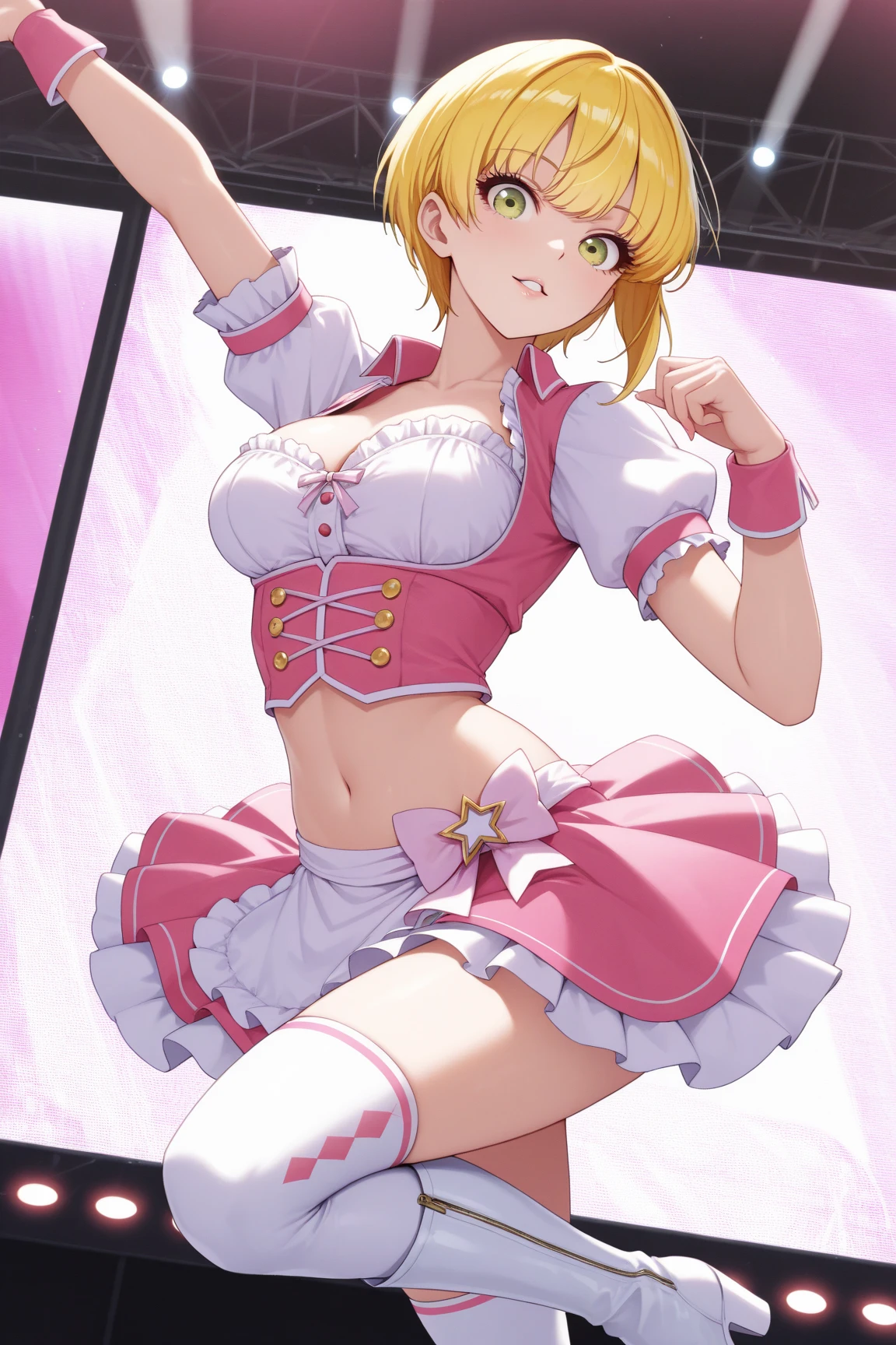 masterpiece,best quality, ultra-detailed,1girl(sakurai momoka, lovely small breasts, wavy hair,blonde hair, headband, pink flower in hair,green eyes, half-closed eyes), evil face, smirk, facing viewer , looking at viewer, solo, gold dress(ornate dress), bare shoulders, frill, bows, skirt lift, white panties, white lace thighhighs, in the locker room, standing, spread legs, come-on, lure, skirt lift, love juice flows out of her pussy, from_below 