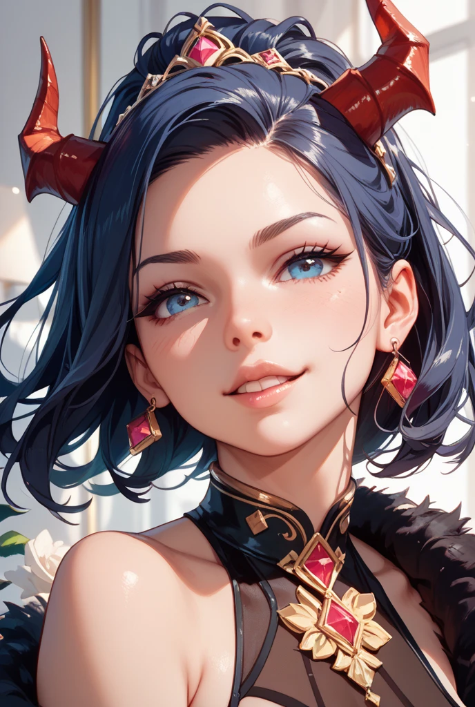 ((masterpiece, Highest quality)), One girl, (Mature Woman:1.4), 130mm f1.4 Lenses, One girl, alone, Pointed Ears, Heart-shaped pupils, Micro Dress, From above, Devil Girl, Flat Chest, Devil&#39;s Wings, saturation, colorful, Multicolored Hair, Silver Hair, Blue Hair, Variegated eyes