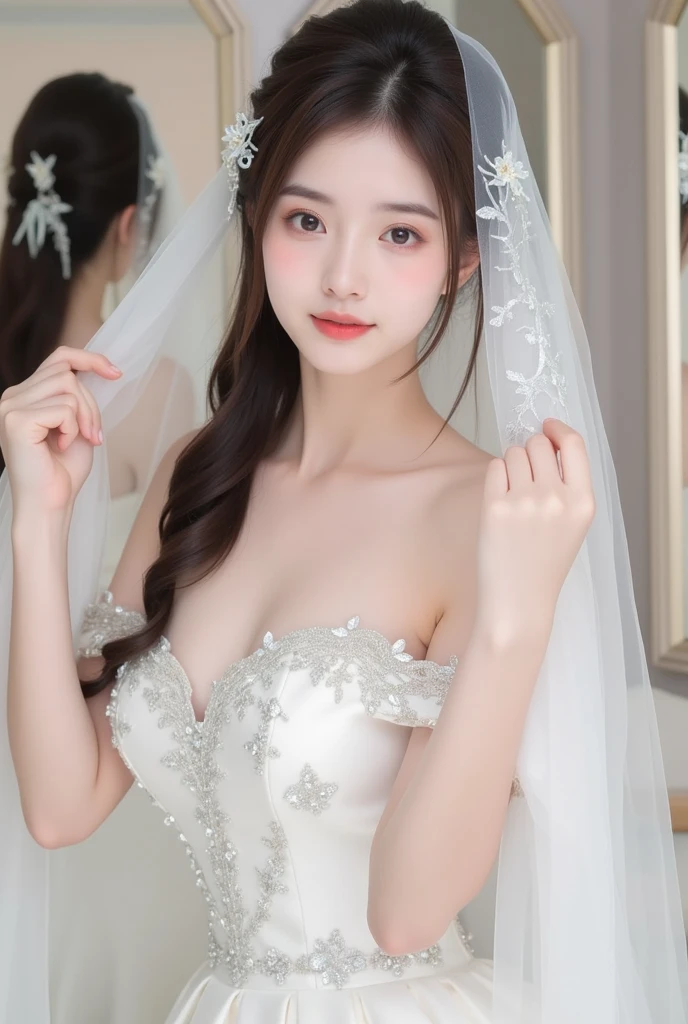 8k, Ultra-high resolution, Highest quality, masterpiece, 三分割法によるphotograph,Surreal, photograph, 1 Girl, (:1.3), pretty girl, Cute Face, Beautiful eyes in every detail, 細かくdetailedに,masterpiece,One Girl:1.2,Japan Female Teachers,extream close up,sad,light smile,Long black hair,Straight long hair,(印象派の美しい少女のPortraiture),(Impressionist light and colour), (Gray background:1.3),(White Wedding Dress:1.3),(Fairy, bride, Shiny Hair, Beautiful dark eyes, So cute and beautiful,16 years old0.8),Sharp contours,Looking down, (Wedding Veil,White lace), Light from above, (Side view),, Perfect and beautiful face ,完璧でCute Face, Skin with attention to detail, Perfect limbs、Narrow waist,Looking at the audience,(((Ideal body type))),A cup small breasts :2,Portraiture:2,Perfect Anatomy,鮮明なdetailed,detailed,Surreal,Light and shadow,glowing