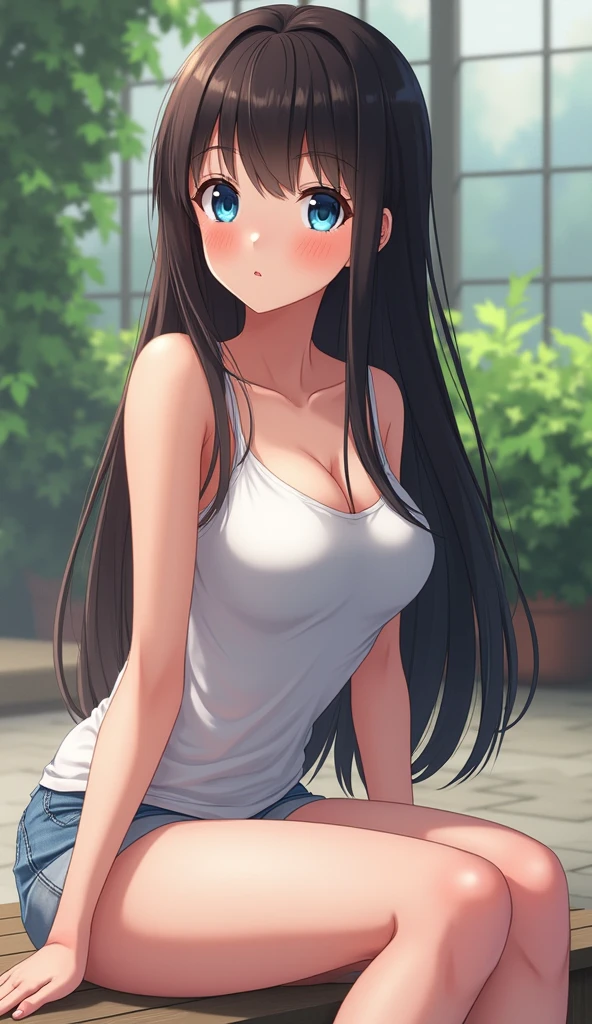 masterpiece, best quality, highres, 1girl, white tank top, blue skirt, large breasts, outdoors, sweat, <lora:see-through_control_v2.0:1>