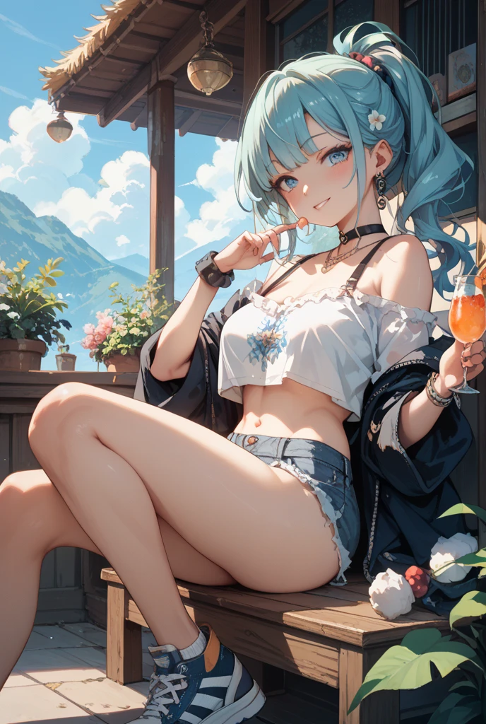 (Chinese beauty) A soft drink made of coconut juice, ice cubes, and coconut juice. Milky white turns white. Very cool. There are colored straws and ice cubes, placed on green leaves, outdoors, a clear blue sky, beautiful clouds
