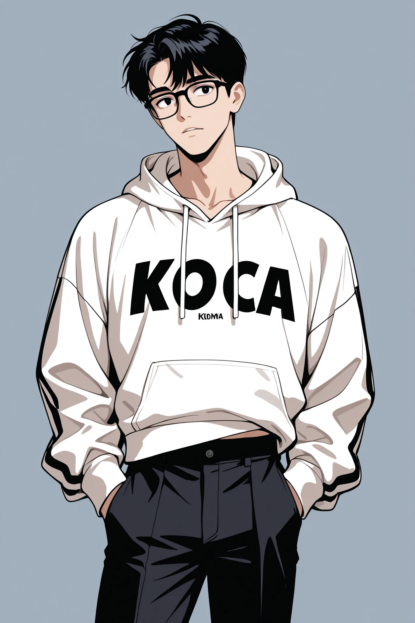 high quality, no background, wearing black glasses, Korean male , Waist Shot, white hoodie