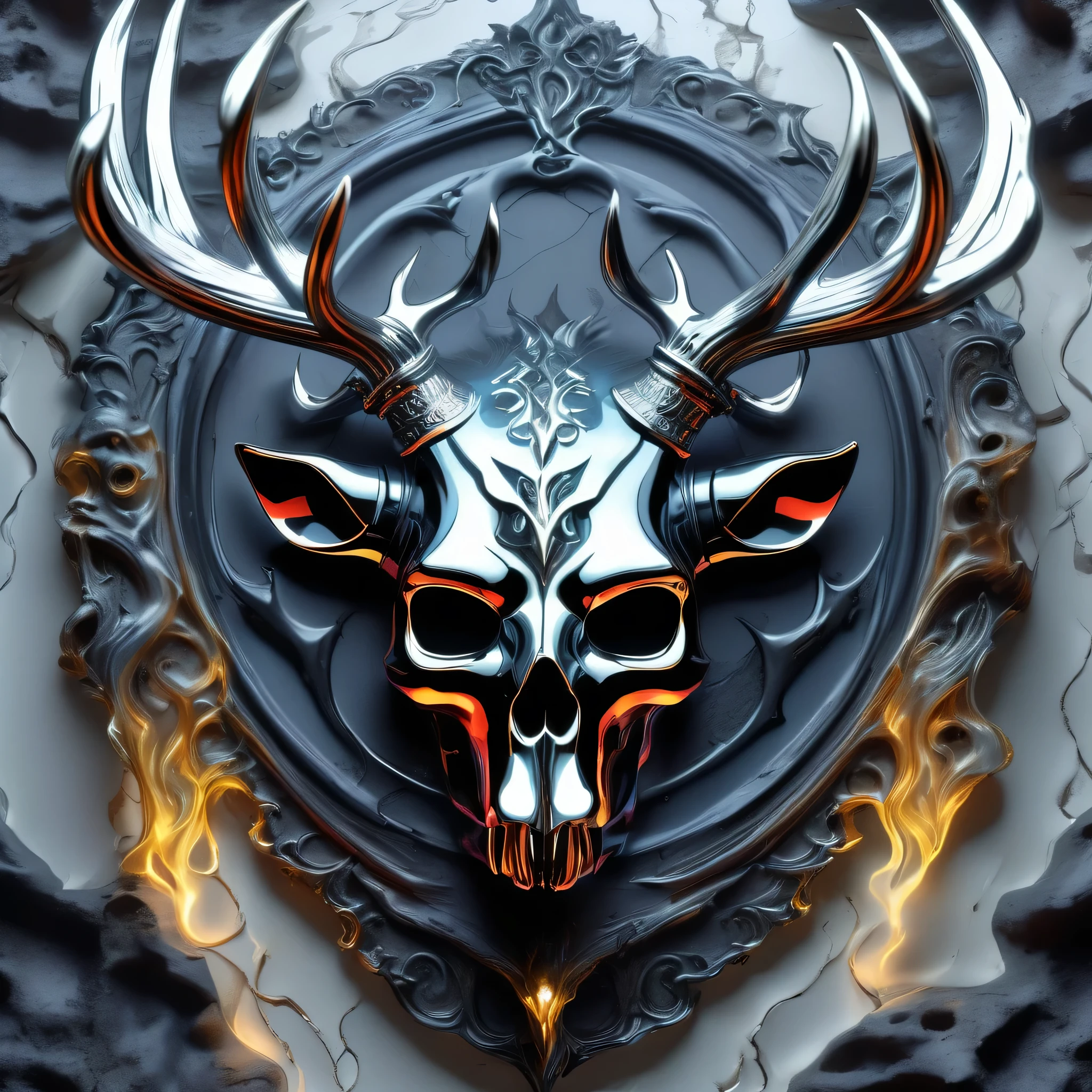 Liquid Metal mimics a Reaper、Full Face Portrait、In the chromatic dungeon, Chrome Skull Mask with Deer Great Antlers, Mysterious, Shining Metallic and Chromatic, no Frame Cut, All inside Frame