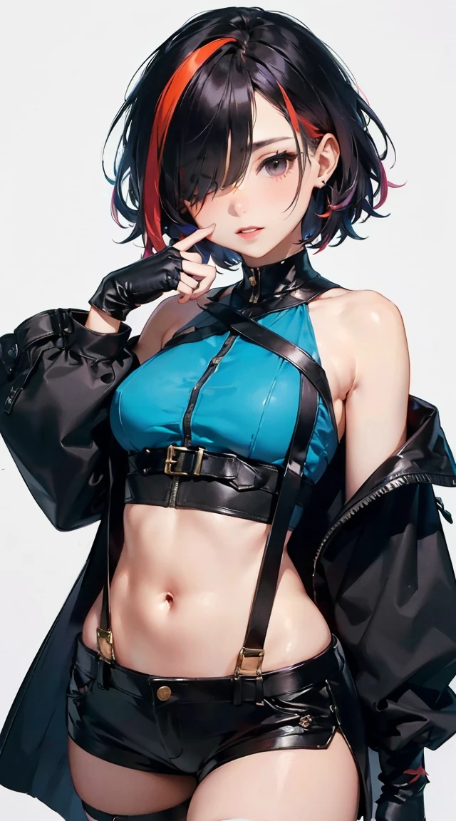 Close-up of a cartoon girl with blue hair and a yellow shirt, 2D Animation, 2D Animation style, 2D Art, 2D Art, 2D from Gorillaz, 2D from Gorillaz, 2D Gorillaz, Screaming Cerket, 2D Sprites, Jinx Face, short hair, hot pants, Small breasts, ((Black Hair, Bright blue fur inside:1.4))