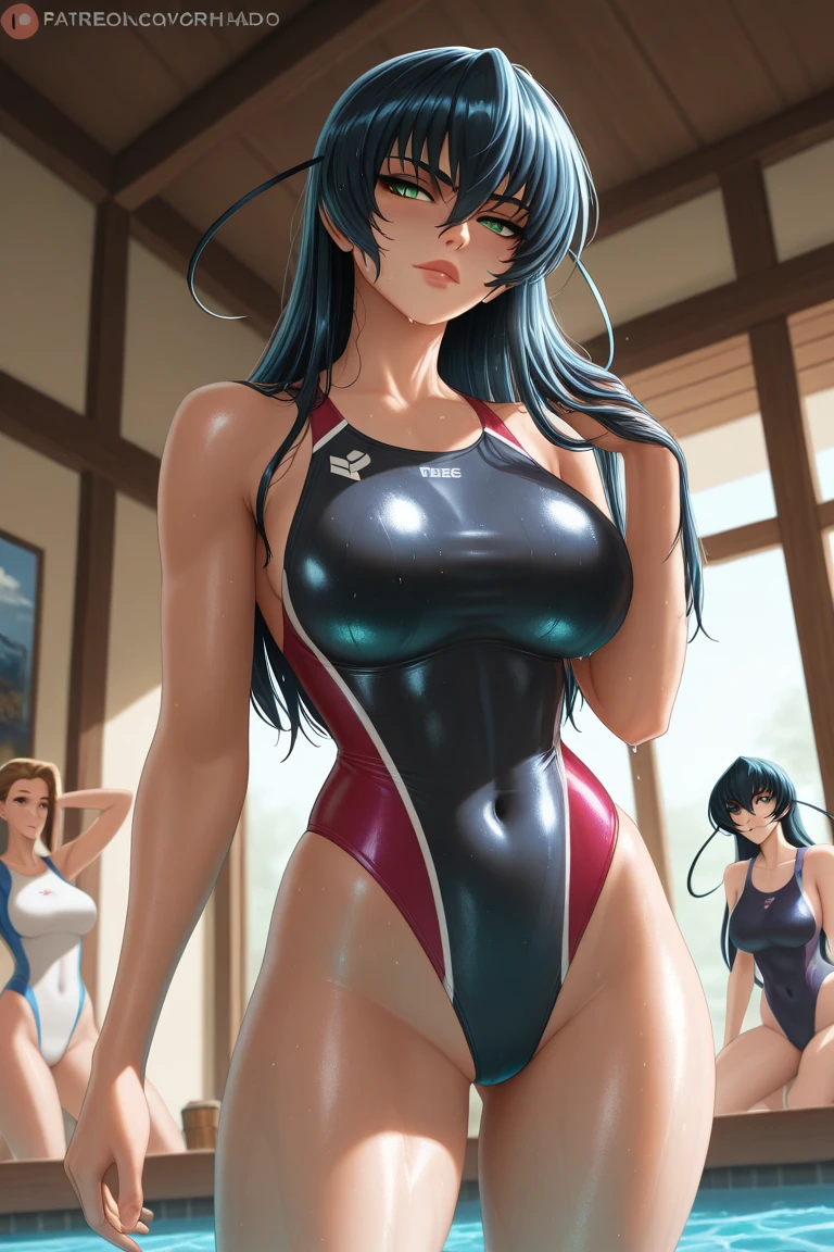 1girl, adult woman, Tall, Long straight black hair, Fitness model, Huge, Metallic swimsuit, Crotch groove,Nipples,indoor pool,human hands, late night