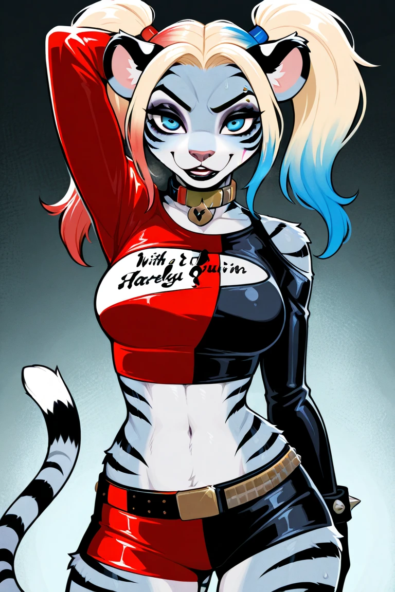 Solo, score_9, score_8_up, score_7_up, score_6_up, score_5_up, score_4_up, source_furry, kemono style, Harley Quinn, she is an Anthro furry white arctic fox, all white furry body, snout, tail, pink eyes, standing, simple background, wearing body suit, crazy expression, seductive pose,