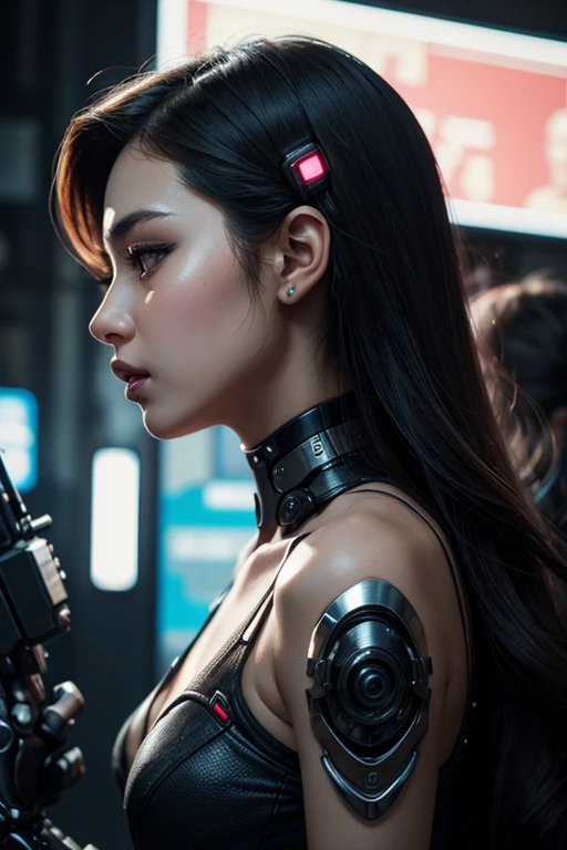 There is a woman with a gun in a futuristic setting., Hyperrealistic cyberpunk style, chica cyborg, Cyborg - girl, Beautiful digital artwork, Ultra-realistic 8K cyberpunk art, digital cyberpunk - anime art, beautiful cyborg girl, porcelain cyborg, rossdraws digital painting, cyberpunk anime digital art, Realistic 8k digital art., anime ciberpunk, perfect anime cyborg woman
