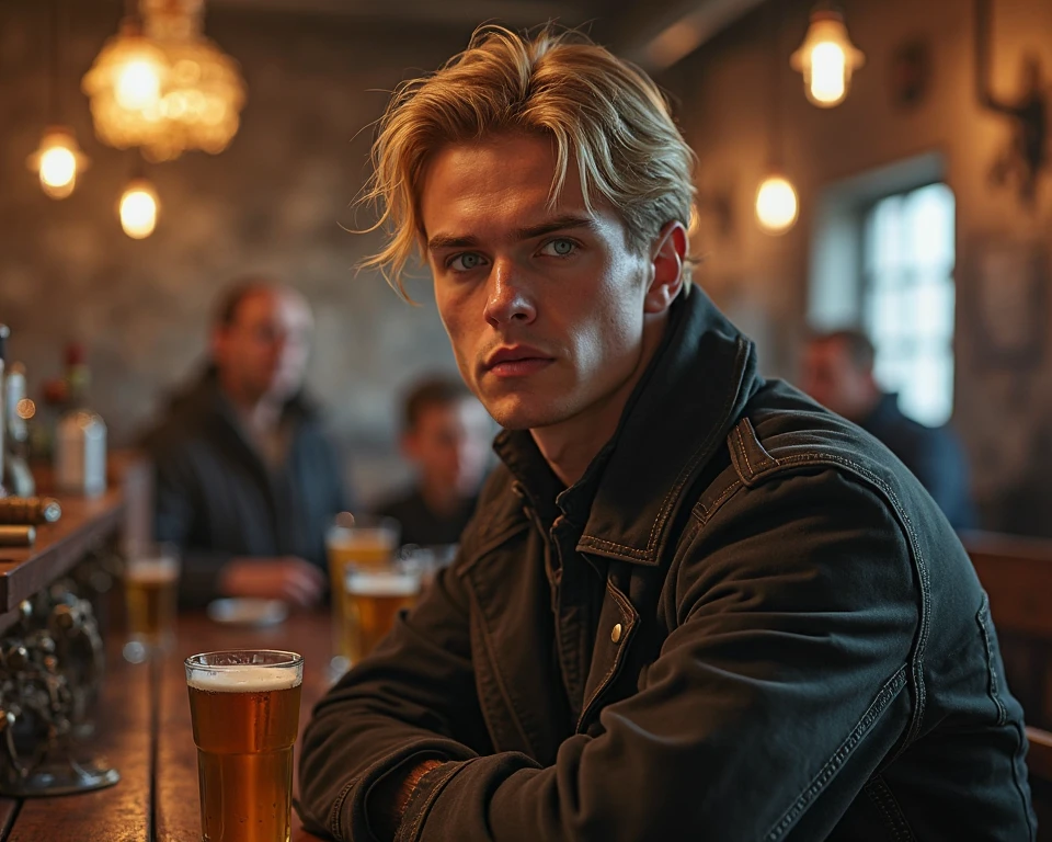 8k, photorealistic, highly detailed, (cinematic:1.3), handsome nordic man sitting in a pub, (dark:1.3), (depth of field), bokeh, film grain, wide shot, soft light, dim illumination, looking at camera