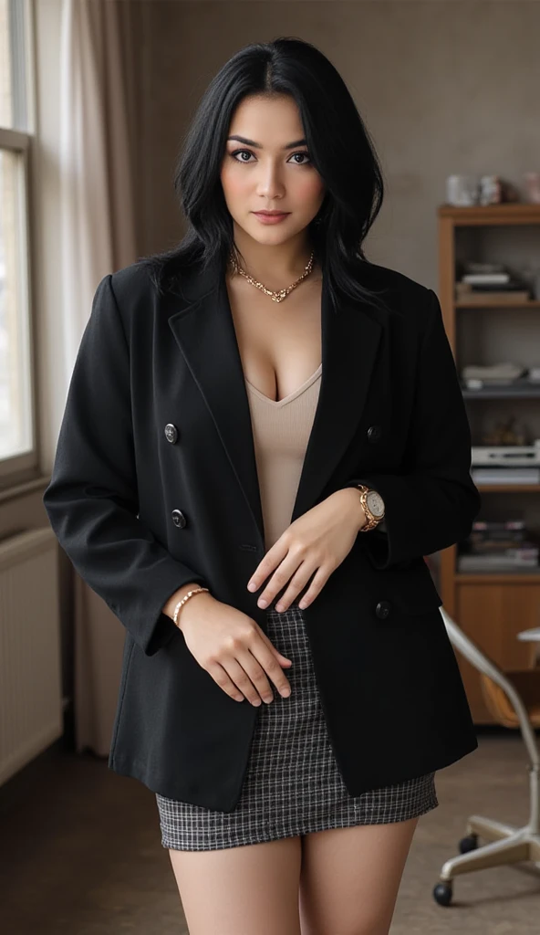 (best quality, masterpiece:1.2), (photorealisitic:1.4), realistic, high resolution, ultra high resolution, ultra high res, raw photo, 8k, 32k, HD, UHD, high definition, digital art, trending on artstation, unrealengine, high contrast, news program, presenter, announcer, (full body:1.2), (formal blazer:1.2), (business jacket:1.2), (covered breasts:1.2), (long sleeve:1.2), (long dress:1.2), (crew neck blouson dress:1.2), ((gigantic breasts:1.4)), big breasts, huge breasts, gigantic hips, thicc, fair skin, rosy cheeks, porcelain like skin, big eyes, bimbo lips, red lips, skin texture, hyper detailed, realistic skin texture, slender waist, abs, high definition, by Lee Jeffries, rich colors, dramatic lighting, beautiful woman, eyelashes, highly detailed face, (smile:1.2),