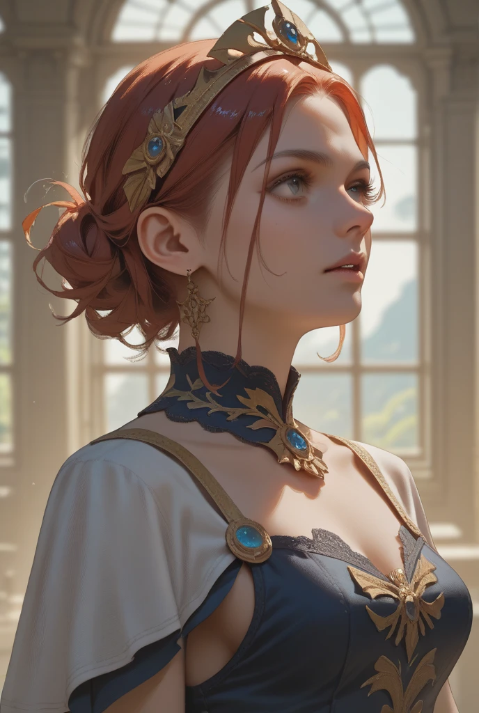 (8k, RAW photo, highest quality), beautiful girl, close up, dress, (detailed eyes:0.8), defiance512, (looking at the camera:1.4), (highest quality), (best shadow), intricate details, interior, ginger hair:1.3, dark studio, muted colors, freckle