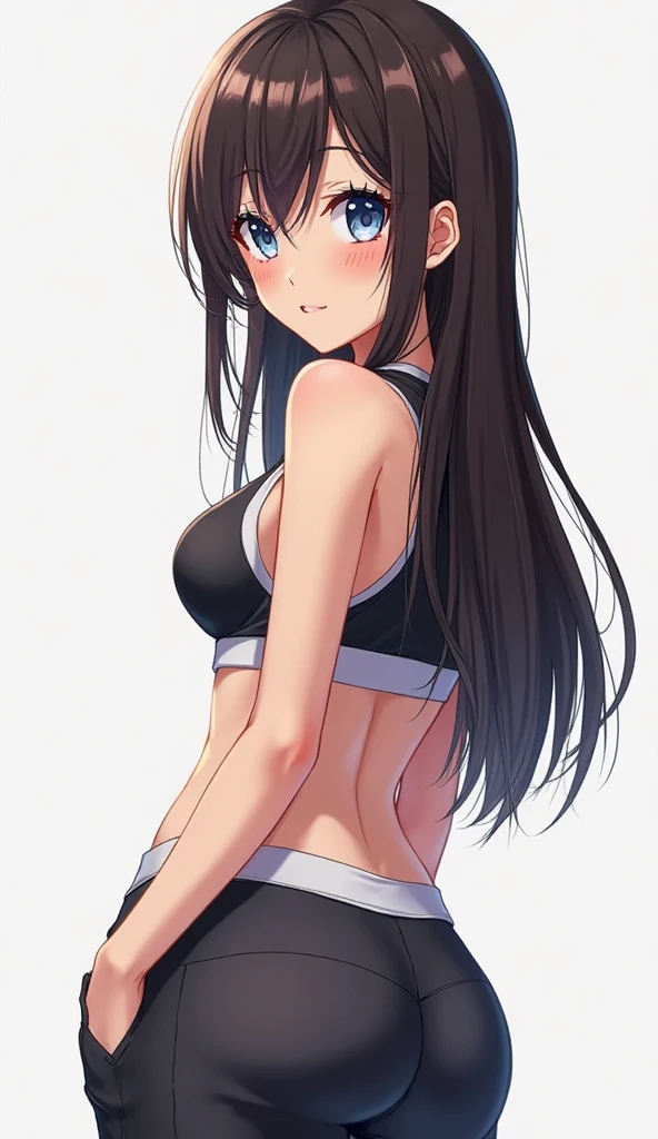 masterpiece, best quality, highres, Matoba Risa, 1girl, solo, busty, flat breasts, black hair, twintail, sport bra, short skirt, looking at viewer, full body, standing, simple background, (erotic pose:1.4), blush, flustered, (panties exposed:1.3), ((arms behind head, double armpits, standing)), Half body, upper body, In the middle, symmetrical,