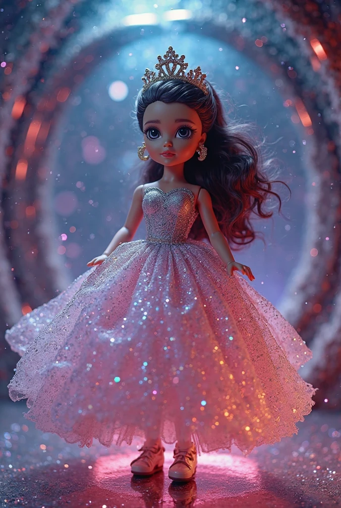 Busty chubby girl with long wavy purple hair, hazel eyes and a fantastic iridescent galaxy night gown, dynamic pose, on a catwalk 