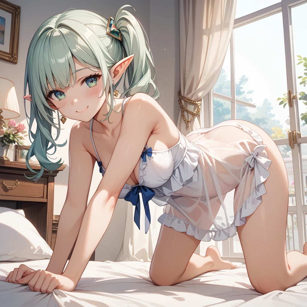 Best Quality, top-quality、(cute petit girl:1.3),Beautiful pink eyes、flat chest、Lori、Little Girl、(Cuteness beyond limits)、Beautiful bare feet、((oestrus))、tied up with a collar、White Dress、White underwear、But also、Open your crotch