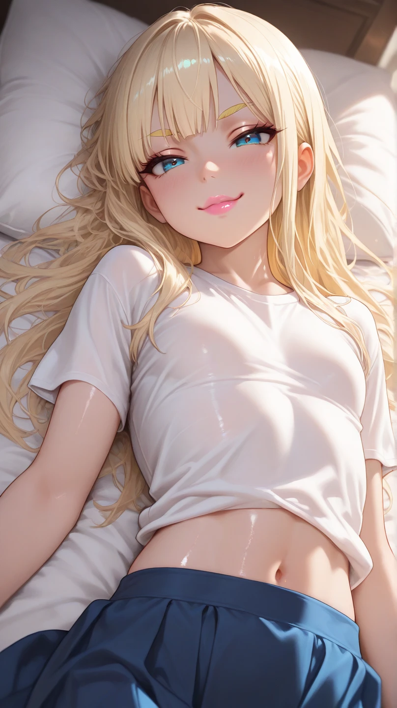 (best quality), 1boy, male, femboy, porcelain skin, blonde hair, straight hair, long hair, swept bangs, brown eyes, perfect eyes, (cute pajama), flat chest, smile, masculine, blush, pink lips, masterpiece, anatomically correct, highres