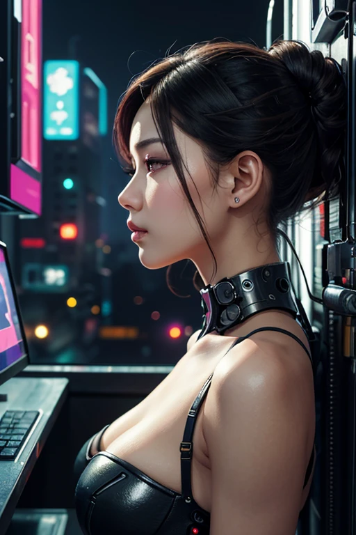 A girl woth closed eyes with robotic features like robotic neck, her head up like she's enjoying but she's tired, red based colors with black and white and naked , in a wired up place with computers and all futuristic items, realistic 3d anime art