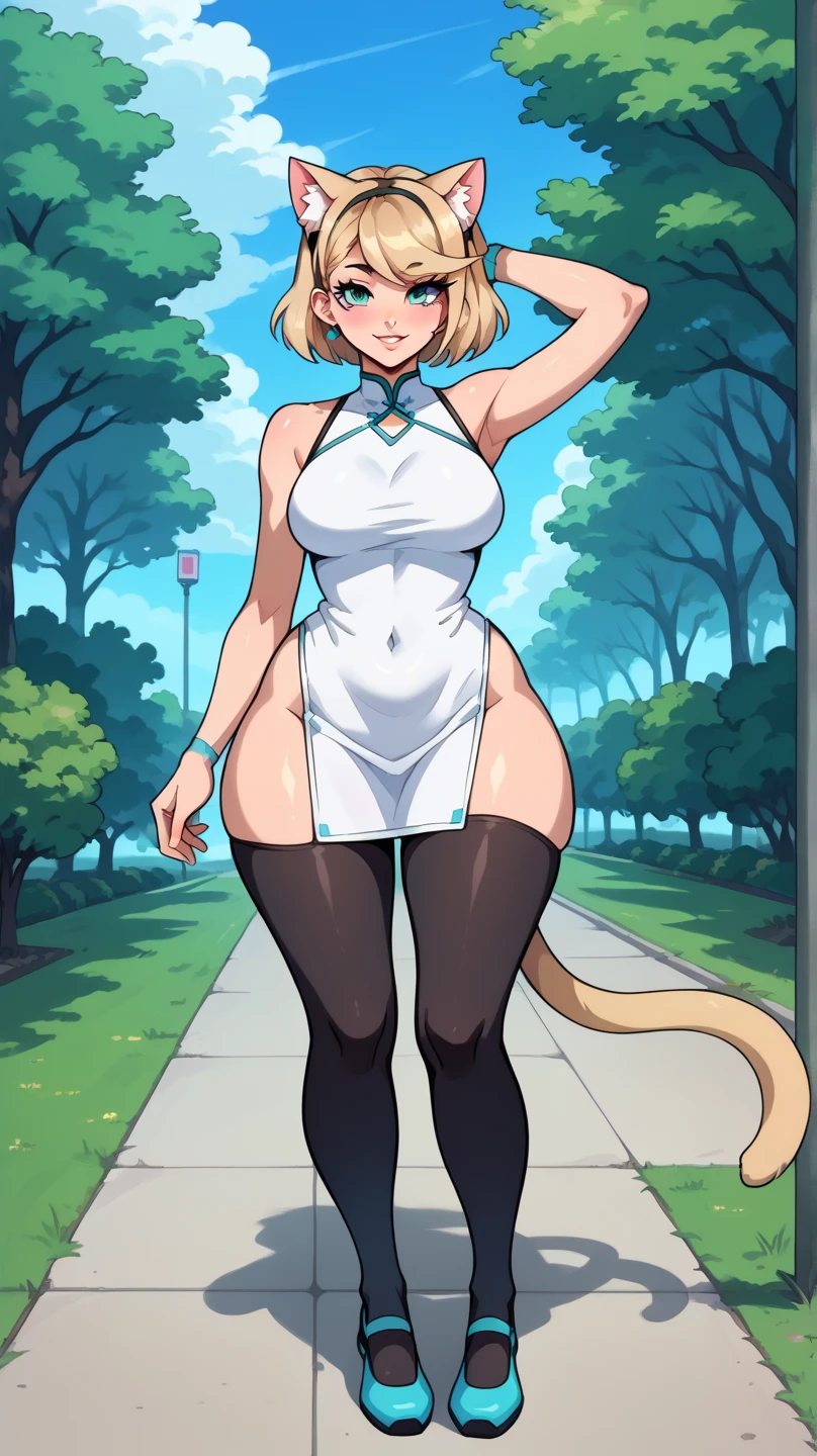 ((best quality)), ((masterpiece)), ((high resolution)), (high quality face), ((upscale face)), ((full body)), (high quality body), ((Anime style beautiful girl)), ((18 years old)), ((horns)), ((black tail)), ((very big breasts)), ((cleavage)), green short skirt, blonde colored hair, (high quality eyes), green eyes, upscale eyes, green colored lips