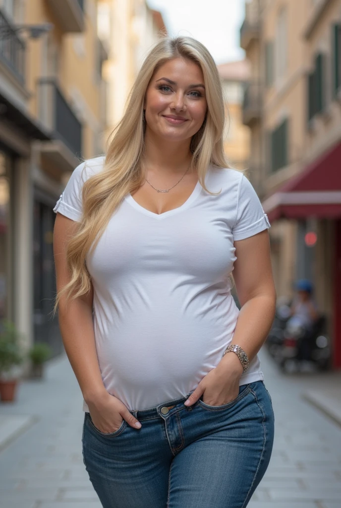 Fat woman, 40 years old white Caucasian woman walking outside, summer, day time, Mississippi, Gulfport, long straight slicked blonde hair, casually and daily dressed, big hips, thick thighs, casual clothed, natural huge breasts, selfie, no makeup, messy hair, morning face, chubby, see through t-shirt, no bra underneath, sad, sweaty , sweaty chest, wet breasts, big brown nipples, leggings pants, you can see the nipples through the tshirt