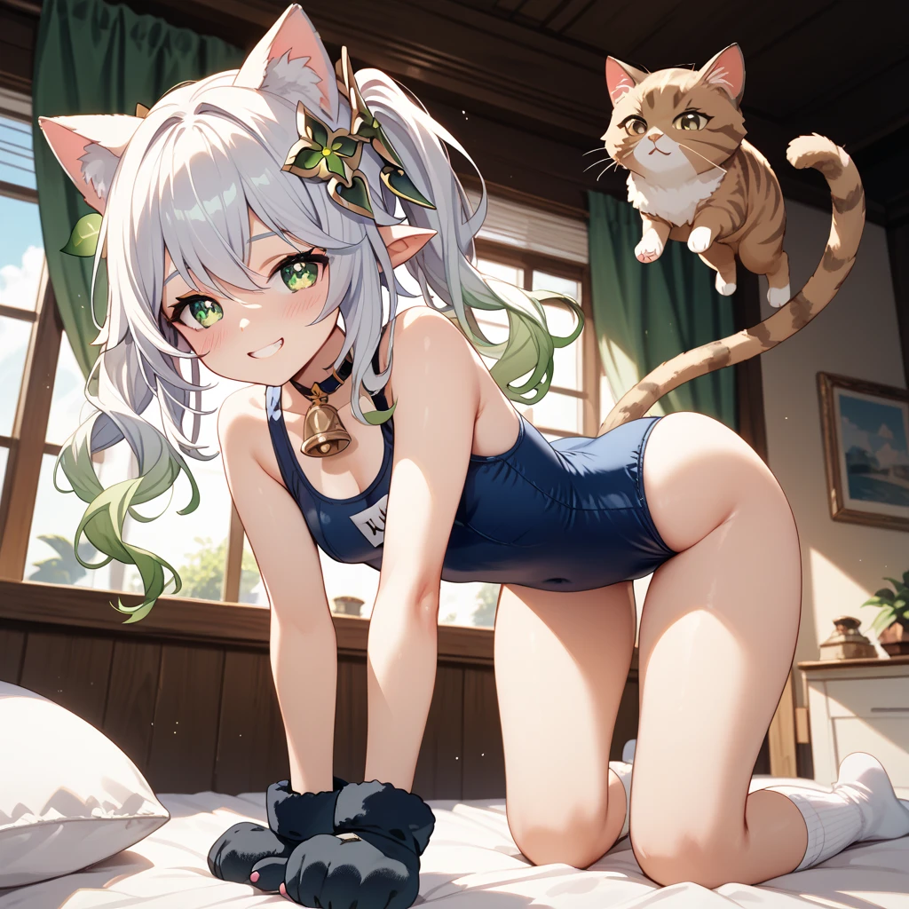 High quality、highest quality、complete limbs、Ultra high definition、Sparkling eyes、full finger、slender beauty、knee high、school swimsuit、white school swimsuit、back angle、surprised、Cat ear