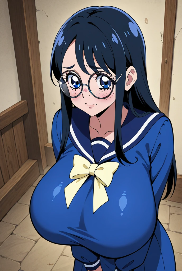 best quality, high resolution, (from front, from above), locker room, blue competition swimsuit, upper body, 1girl, fujisawa yayoi (uchuu no stellvia), (huge breasts:1.2), beautiful detailed eyes, half closed eyes, blush, embarrassed, smile, closed mouth, white background, looking at viewer, sitting, wariza, (cum:1.6)