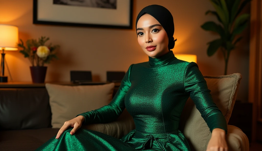 The beautiful asian Chinese adult girl with beautiful cheeks wears blue peacock lycra turtleneck unitard catsuit covered with scales.She has a large beautiful tail.She always wear lycra elastane dancewear hijab-like hood.She is happy at home.