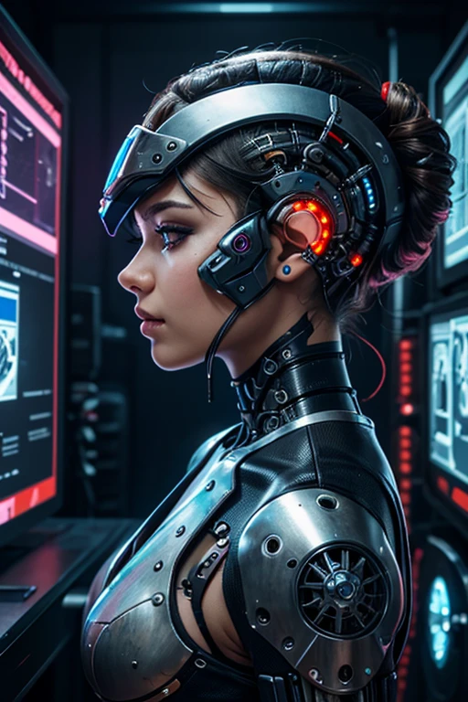 Close-up of a woman wearing headphones in a futuristic setting, cyberpunk robot elf queen, portrait of a beautiful sci-fi girl, portrait of a cyborg queen, cyborg goddess in cosmos, VLP. Science fiction, beautiful cyborg girl, Beautiful cyborg priestess, Dreamy girl in cyberpunk style, intricate VLP, cyborg girl, portrait of an android woman