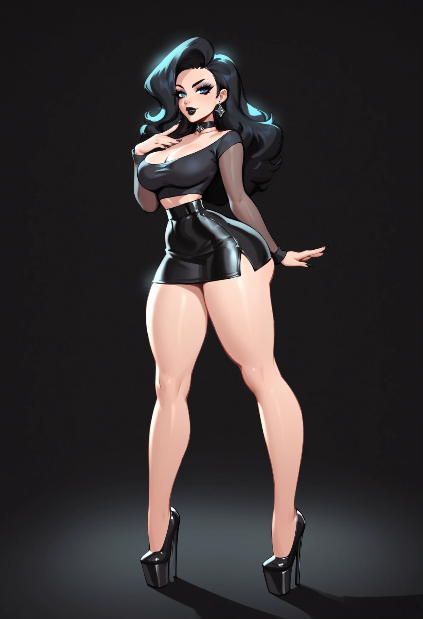 1girl, wearing tall black leather platform heels, wearing ripped black pantyhose, wearing a black skirt, wearing black tshirt, wearing a small black spiky crown, wearing a black fur crop coat, wearing thin black choker on neck, wearing small black diamond earrings, young beautiful face, beautiful blue eyes, black lips, very thick voluptuous and hourglass body, white pale skinned, very long black finger nails, big breasts, big ass, thick thighs, thick calves, long thick legs, slim arms, thin waist, wide hips, super long big spiky haircut, black hair, wearing black eye mascara, full body picture, standing evilly, dark black background, masterpiece quality picture