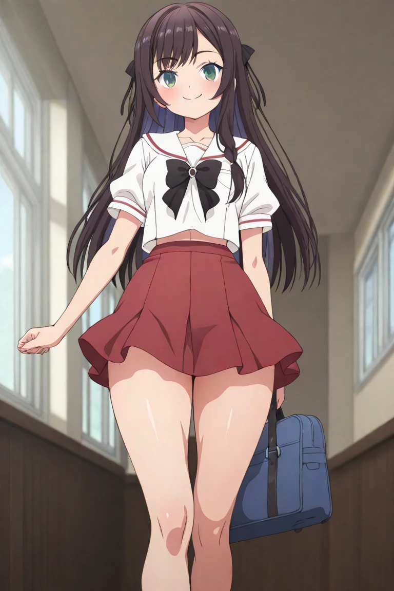 ass, ass focus, hands on own ass, sexy panties, shokokomidef, purple hair, purple eyes, long hair, absurdres, upskirt, detailed ass, 1girl, looking at viewer, standing, v arms, classroom, upper body, school uniform, red skirt, red bow, blazer, masterpiece, best quality,