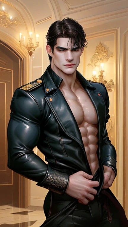 (Best Quality, detailed, restoration of faces and hands, Professional lighting) scandinavian young muscular man, copper hair and silver tips with a fade, onyx colored eyes, in a black leather outfit with an obsidian pearl on her chest walking towards a sunset