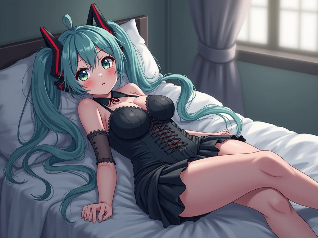 1girl, :d, ambivalence_(module), arms_behind_back, asymmetrical_bangs, belt, blue_eyes, blue_hair, blush, bow, breasts, bridal_garter, commentary_request, crop_top, detached_sleeves, facial_mark, frills, full_body, hair_bow, hatsune_miku, headphones, high_heels, highres, long_hair, long_sleeves, medium_breasts, navel, open_mouth, project_diva_(series), project_diva_x, red_bow, red_footwear, red_skirt, sharing_the_world_(vocaloid), simple_background, sitting, skirt, sleeveless, smile, solo, stomach, thong, tsukishiro_saika, very_long_hair, vocaloid, wariza, white_background