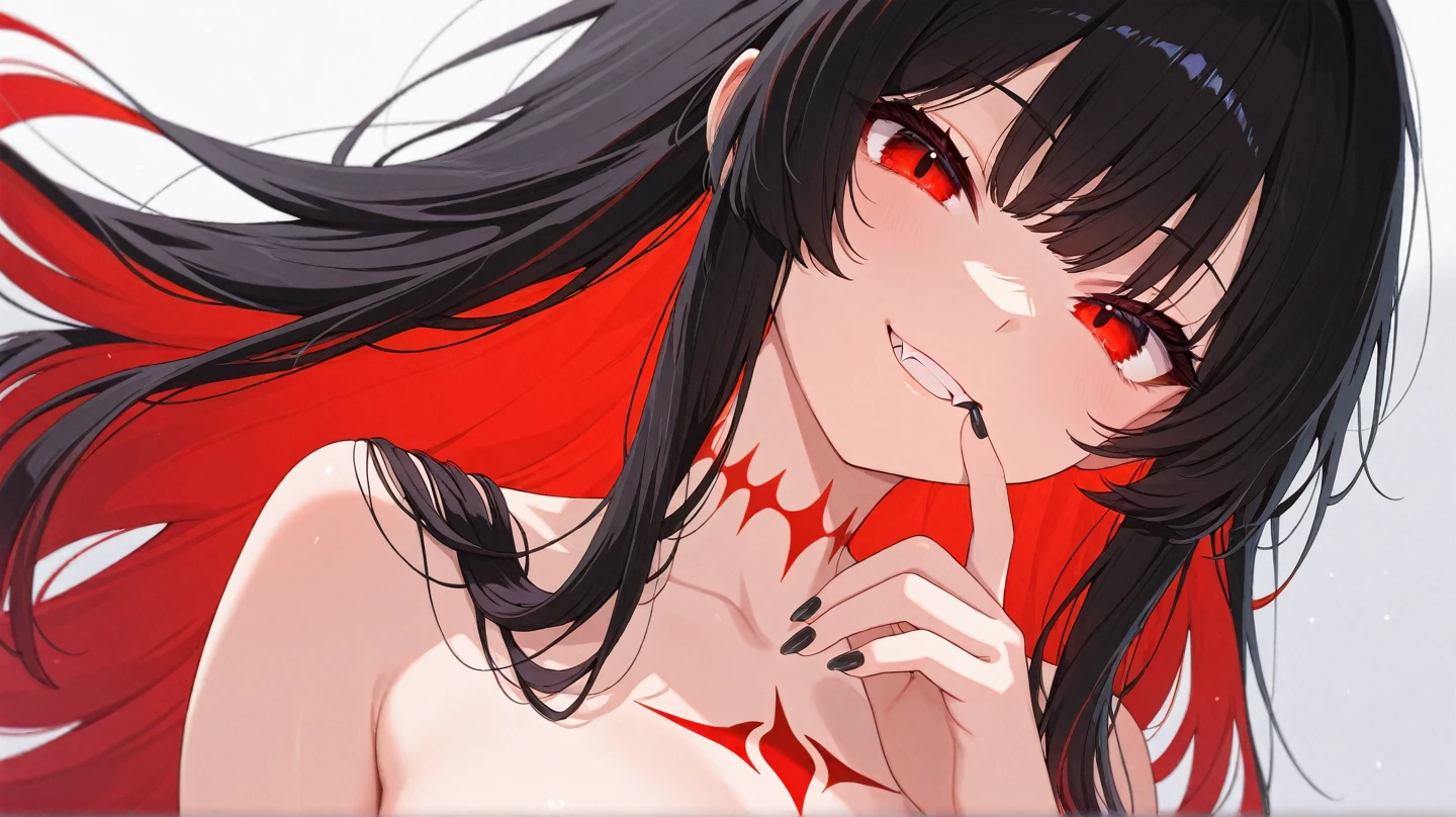 Dark style, black hair, white skin, red eyes, long hair,,underwear,succubus,Sweat,Soaked,transparent,Playful,Back