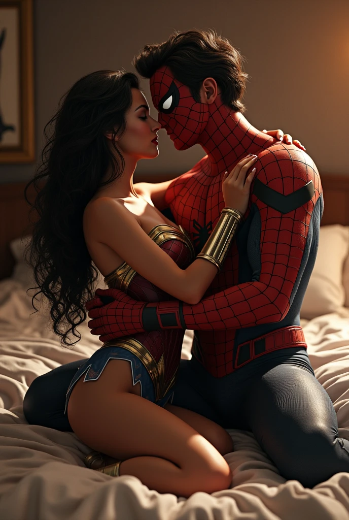 marvel art style, a 20-year-old male with dark fadeout hair and glasses, wearing spider superhero outfit, big bulge , he's sat down on a couch. there’s a female in a floral dress kissing his crotch