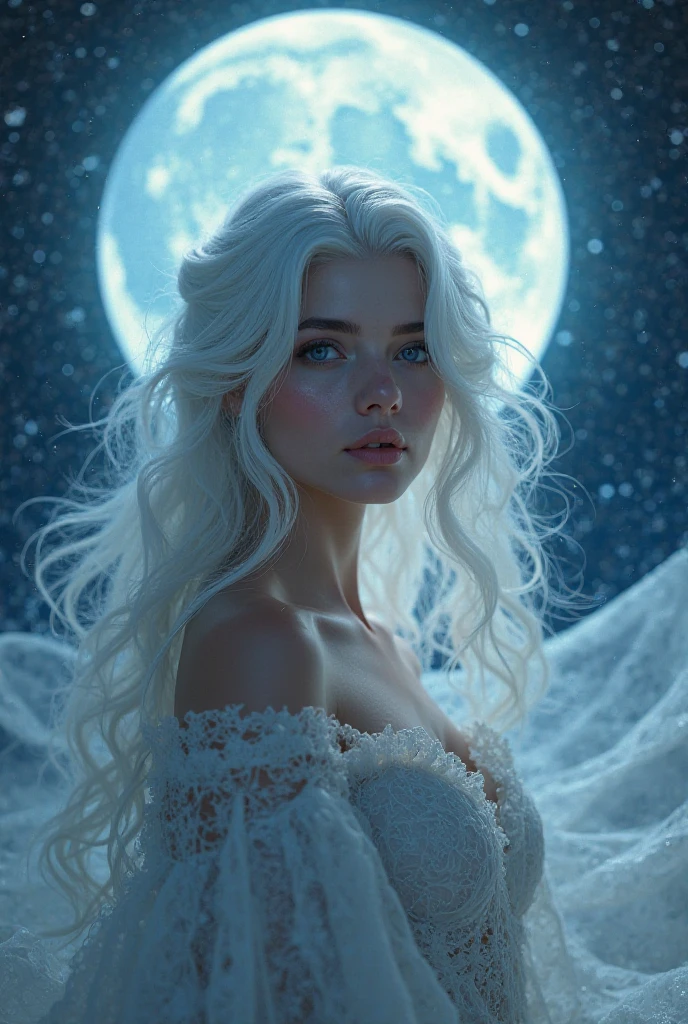 Masterpiece, (Best Quality: 1.2), (Super Fine: 1.2), Illustration, (Extremely Delicate and Beautiful: 1.2), Film Angle, Floating, (Beautiful Detail Eye: 1.1), (Detail Light: 1.1), Film Lights, Delicate Sky, chubby Woman, White Hair, Blue Eyes, (High Ponytail: 1.1), Cloak, Glowing Eyes, (Moon: 1.2), (Moonlight: 1.1), Starry Sky, (Light Particles: 1.1), Fog , snow painting, sketching, blooming,big brest cleavage open bra ,