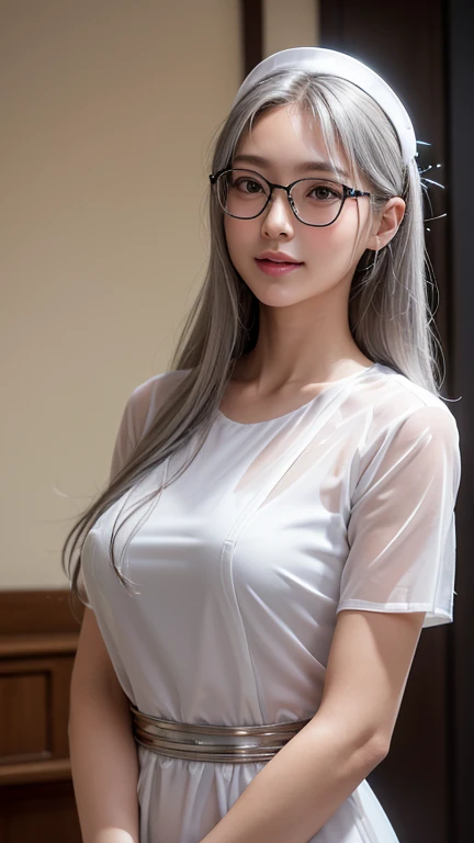 (8k, RAW photo, best quality, masterpiece:1.2), (realistic, photo-realistic:1.4), best quality, ultra high res, beautiful nerdy Chinese girl, beautiful detailed eyes,looking at viewer,facing front, glasses, thin,(glasses:2)(photorealistic:1.4), 1girl at home, ((very oversize shirt, buttoned shirt, open shirt)), (man shirt), no bra, collarbone, no panties, (small breasts:1.2), small nipples, (light silver hair:1.2), looking at viewer, light smile, upper body, makeup, <lora:koreanDollLikeness_v10:0.3>,