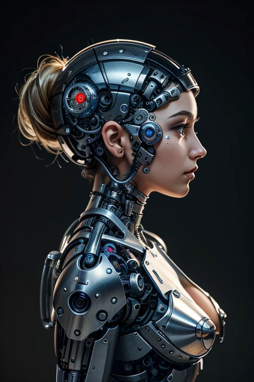 A cyborg girl stands in the center of a large bright studio and is engaged in creating her self-portrait on canvas. She is depicted in all her majestic beauty and elegance. Her metallic skin reflects the light, creating a play of hues and highlights like an expensive piece of jewelry. 
Her long metal hair frames her face, giving her a mysterious and alluring look. Her bright eyes, in which light shimmers, stare straight ahead with confidence and the strain of creative inspiration. 
The cyborg girl is depicted in a graceful pose, showing off her grace and strength as well as the fine workings of her mechanical limbs. Her hands hold brushes and are immersed in the creative process of creating a stunning work of art. 
The outline of the self-portrait she is creating with oil paints is already outlined on the canvas. The drawing begins to come to life under her dexterous fingers, gaining depth and volume, and the coating of color fills the canvas with bright hues and rich colors. 
This entire moment is captured in a gorgeous and amazing scenario that combines the beauty of art, power and technological advancement to make the cyborg girl a unique and inspiring image. beautiful shiny smooth, high quality, best quality, absurdres, masterpiece, beautiful, intricate details, 1/2 body crop, slim body, beautiful figure, magnificent anatomy, (intricate details:1.12), HDR, (intricate details, hyper-detailing:1.15), (natural skin textures, hyper realisitc, soft light, Sharp:1.2)