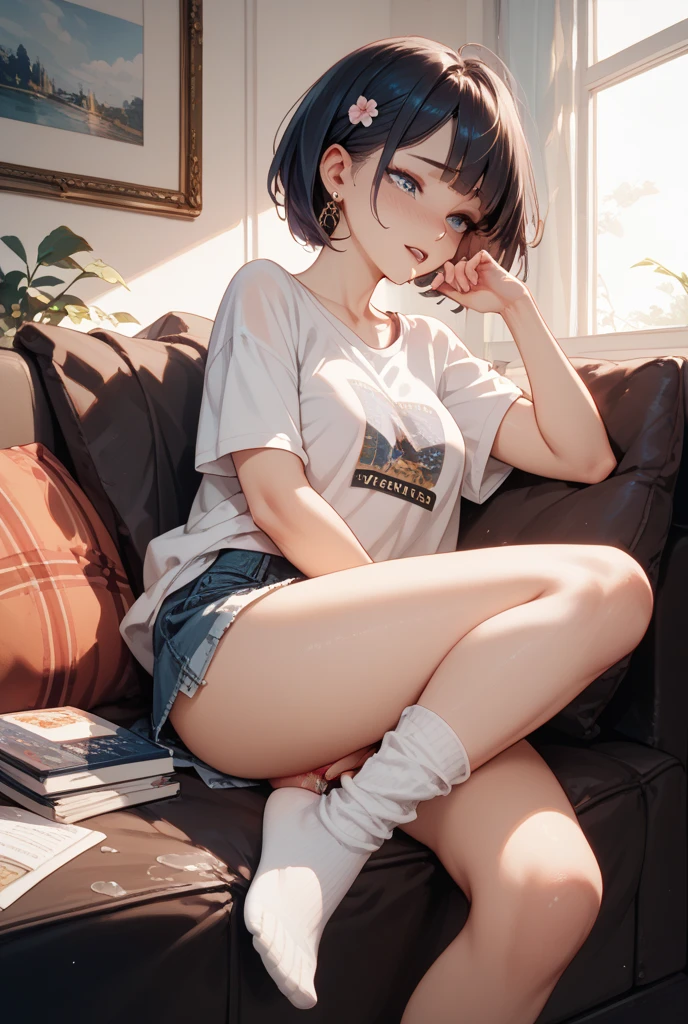 highest quality, masterpiece, Cute picture, girl, short hair, shirt, Shorts, shoes, Grace Sitting, whole body,Owns a book