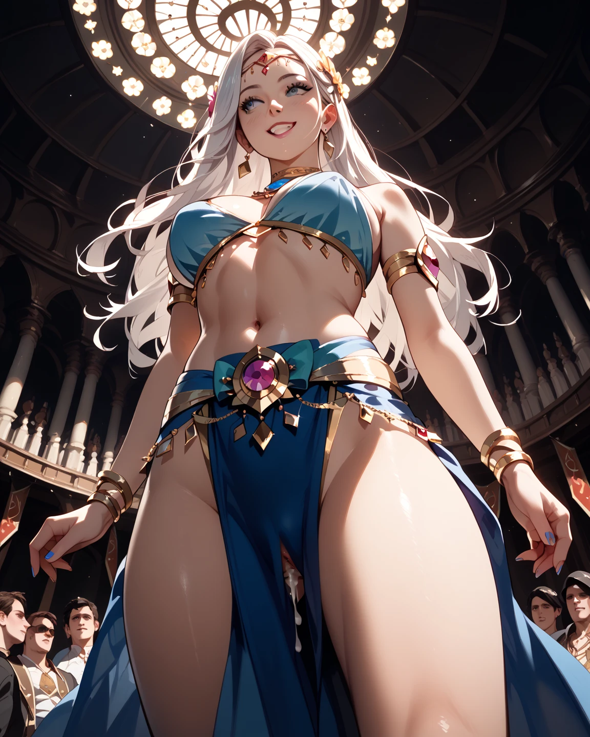 Draw me a mature a woman Is dancing On stage,she had a long silver hair and red eyes,she wearing a belly dancer dress from egyptian,scenery behind her is beautiful festival