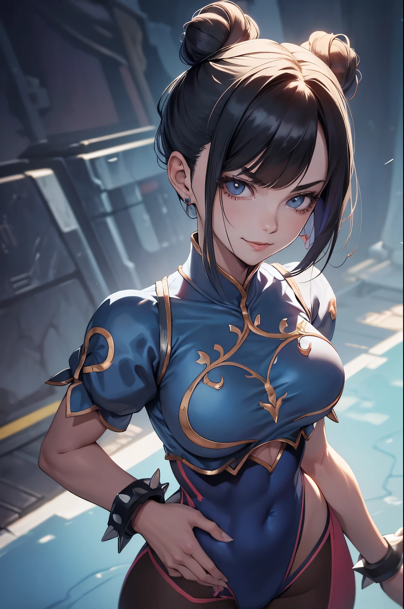 melhor qualidade,roupa azul,juri han,solo, masterpiece, best quality, agrias, grey sweater, black leotard, standing, looking at viewer, short hair,oculos,evil smile, evil look,luvas preta,roupa azul,yandere rosto,low lighting,coxa sarada copo detalhado,olhando para frente juri han,bela