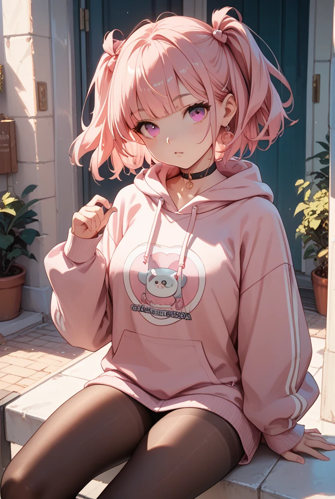 Two Side Up,Red hair,emerald eye,Posing,Plain pink hoodie,Denim shorts,Smiling with eyes closed,studio,((solo)).((short hair)),((tareme:1.3)),big eye,