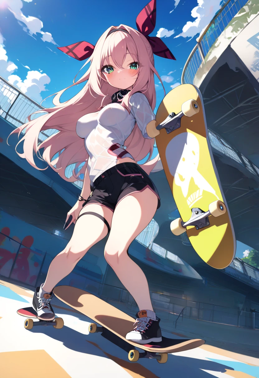 Dynamic pose of a busty girl grinding a railing on rollerblades, The girl is wearing y2k fashion. Full body