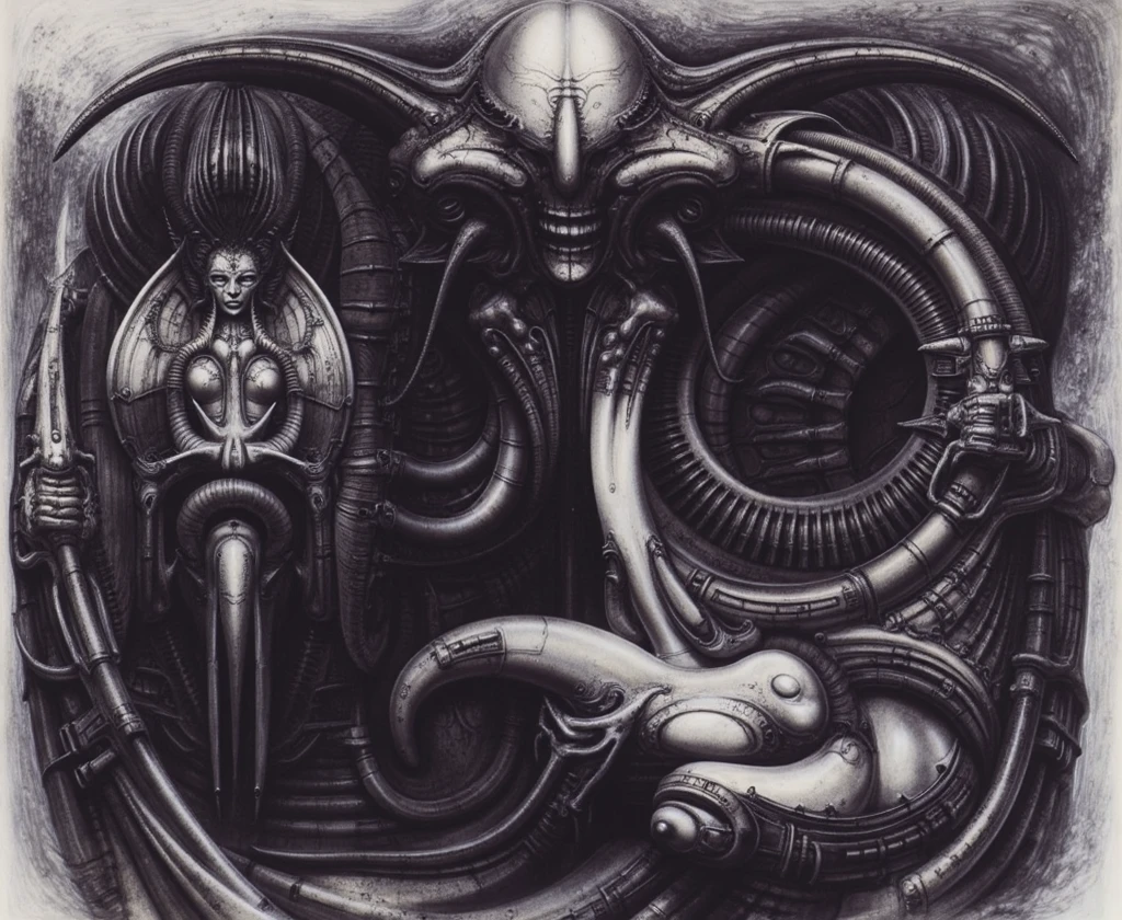 <lora:flux_giger_000003600:1.2>gigerart, a piece of art by HR Giger. The artwork depicts a complex and intertwined composition of skeletal, humanoid figures and serpentine forms. The central figure is arched, with visible ribs and elongated limbs. Surrounding this figure are other creatures, similarly skeletal, with elongated skulls and limbs that intertwine with each other. The scene is rendered in monochrome tones, blending organic and mechanical elements in a fluid, continuous motion. The artwork is noisy and messy with scratches and canvas marks in places and desaturated colours