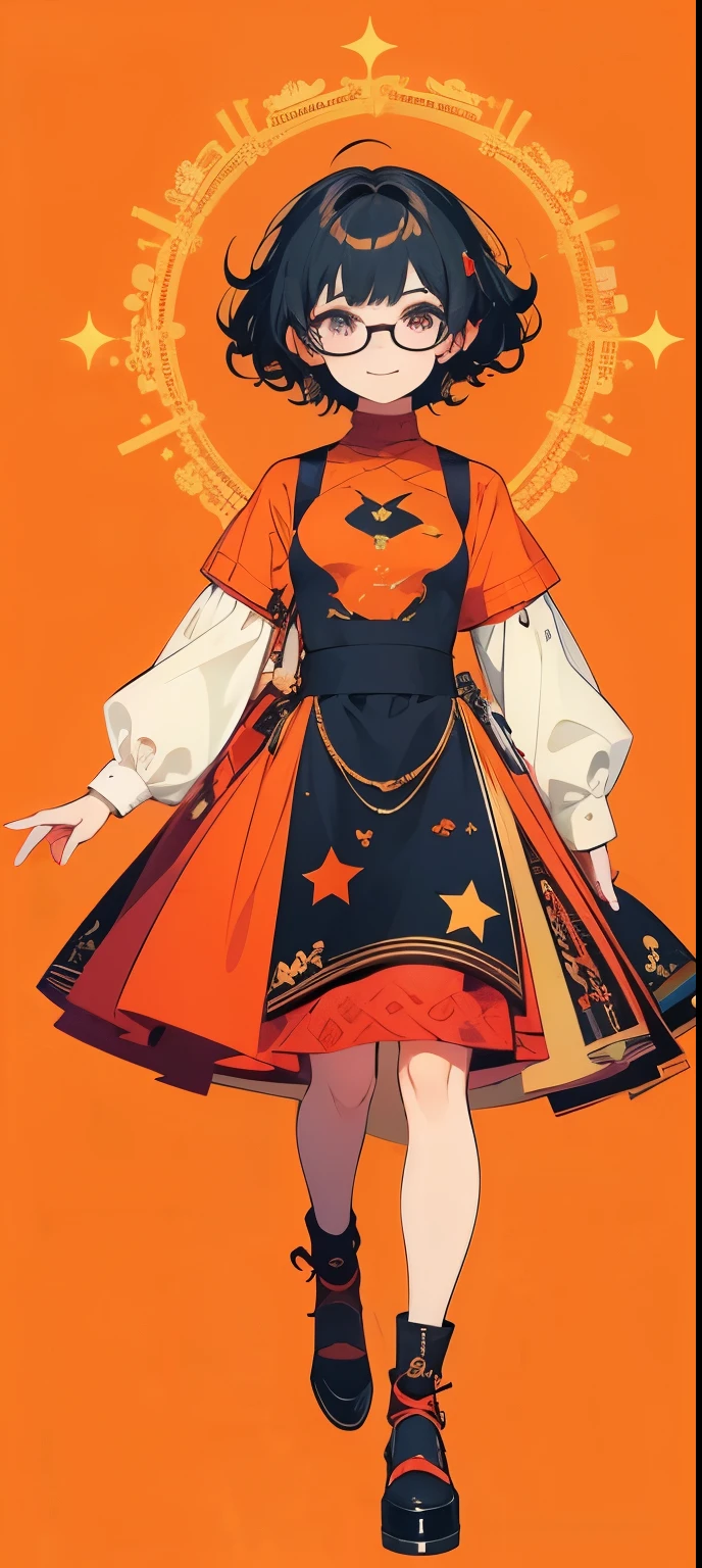 (( top quality)), (( masterpiece)), ( details), wallpaper、Very details 、(((Very details な目と顔)))、 masterpiece、 top quality、 To details、glasses、 Movement angle 、 bright color、smile、 short hair、red mesh 、Curly hair 、 black and light orange turtleneck on black hair、 Beautiful Eyes、 has a white background、Star motif、Stylish shoes、facing the front、full body、