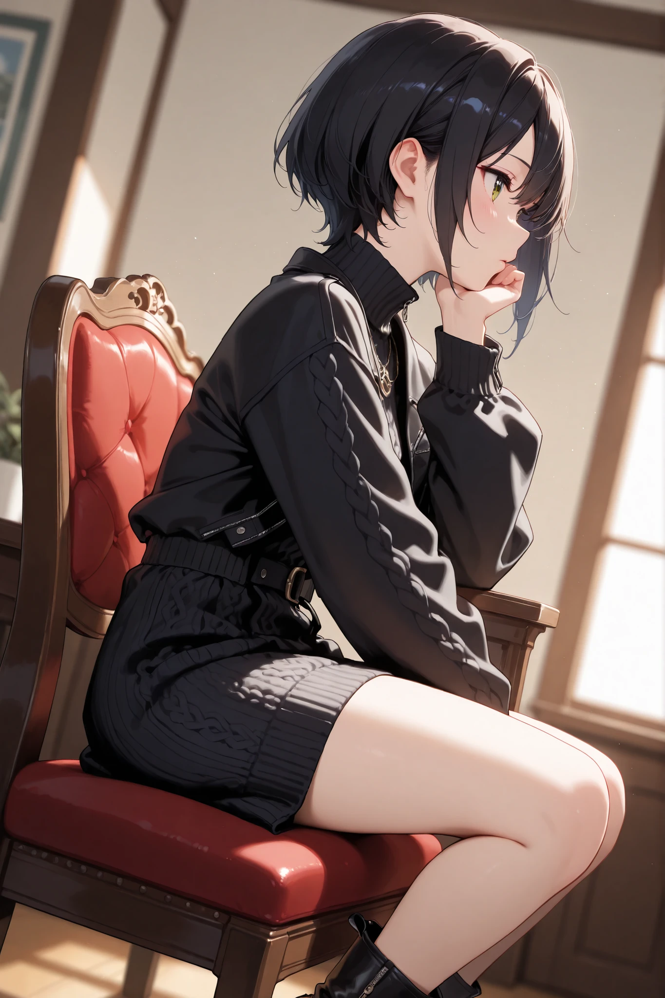 a woman in a short black dress, showing almost all of her private parts and black hair and blue eyes excitedly sitting on a bar chair
