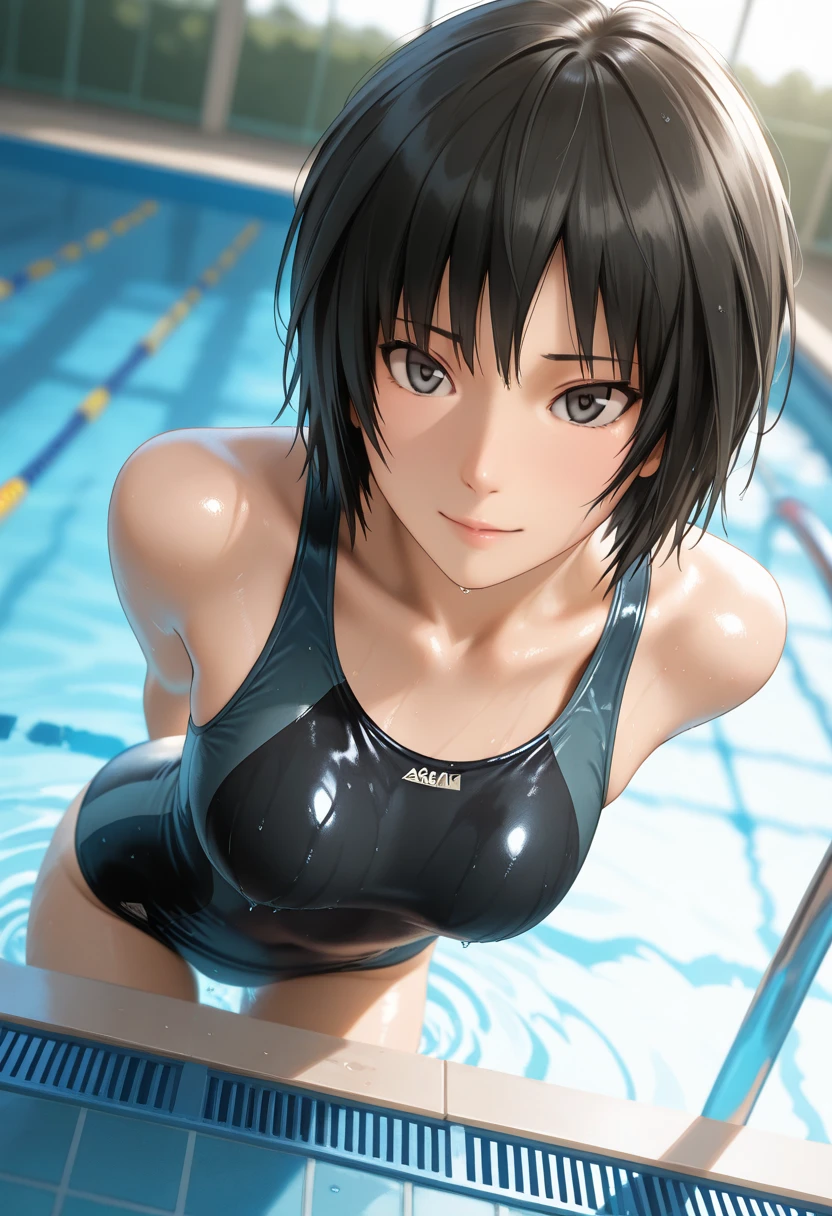 ((masterpiece, best quality)),((highres:1.2)), 1 Girl, solo, Blurred Background, (((Small breasts))), Thighs, (One piece swimsuit), pool, (swimming) , ((pixiecut))