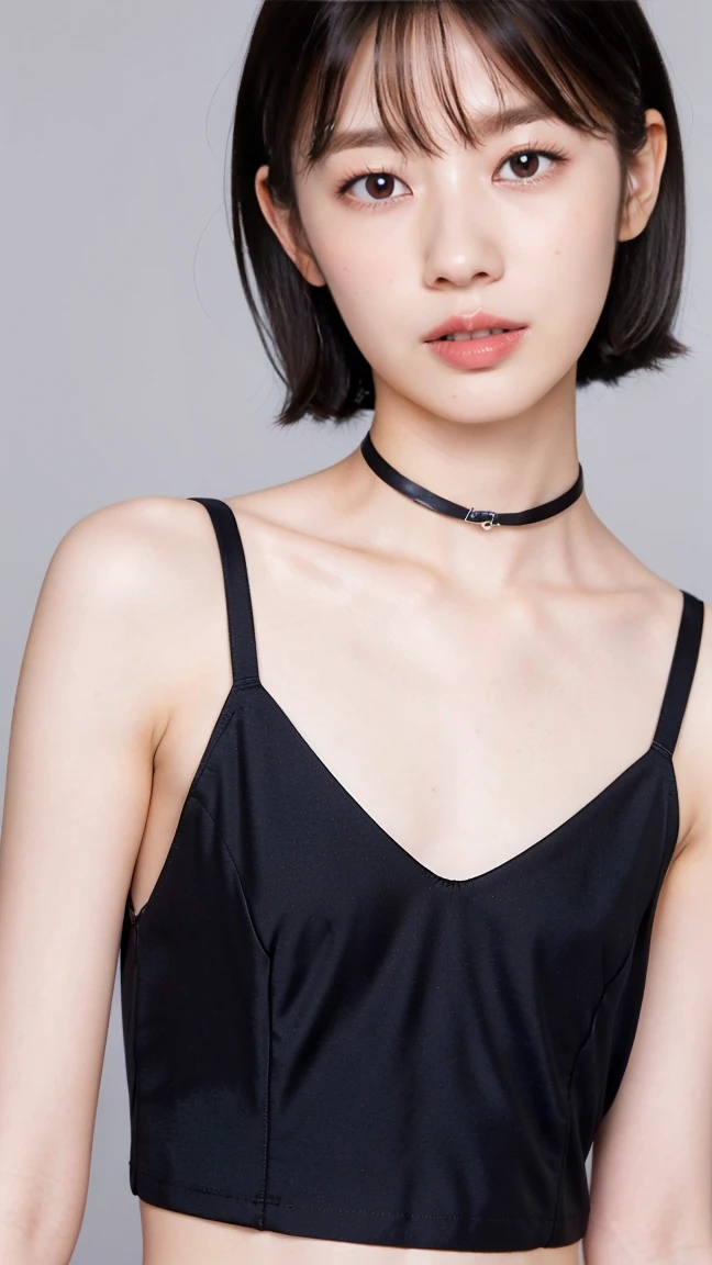 (photorealistic, 32k, RAW photo, best quality: 1.5), (masterpiece:1.3), (absurdres, attractive, ultra high resolution, ultra realistic, highly detailed, golden ratio, ultra detailed, super fucking beautiful detailed face), natural makeup, detailed cloth texture, detailed hair texture, beautiful detailed fullbody, Perfect female body, accurate, Anatomically correct, Highly detailed face and skin texture, (beautiful hands), (realistic skin), (beautiful pale skin:1.1), (Perfect dynamic composition, looking at viewer:1.3), (full body shot:1.3), ((Tank top, Tulip skirt, Choker, pin:1.4)),
BREAK,
realistic eyes, beautiful detailed eyes, symmetric eyes, Light Brown eyes, Double eyelids, Thin eyebrows, (Glossy lips:1.4), ((A face with waiting for a kiss, Shy Smile:1.2)), (blush:1.1),
BREAK,
((short hair, bob, Dark blonde hair, bangs:1.2))
