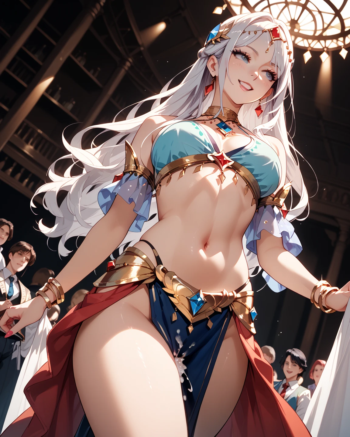 (from below), best quality, 32k, RAW photo, incredibly absurdres, extremely detailed, delicate texture, beautiful super fashion model on stage, coldly look down on, beautiful shining bangs straight hair, long legs, high heels, hands behind head, amorous and lewd expression, superlative body proportion
