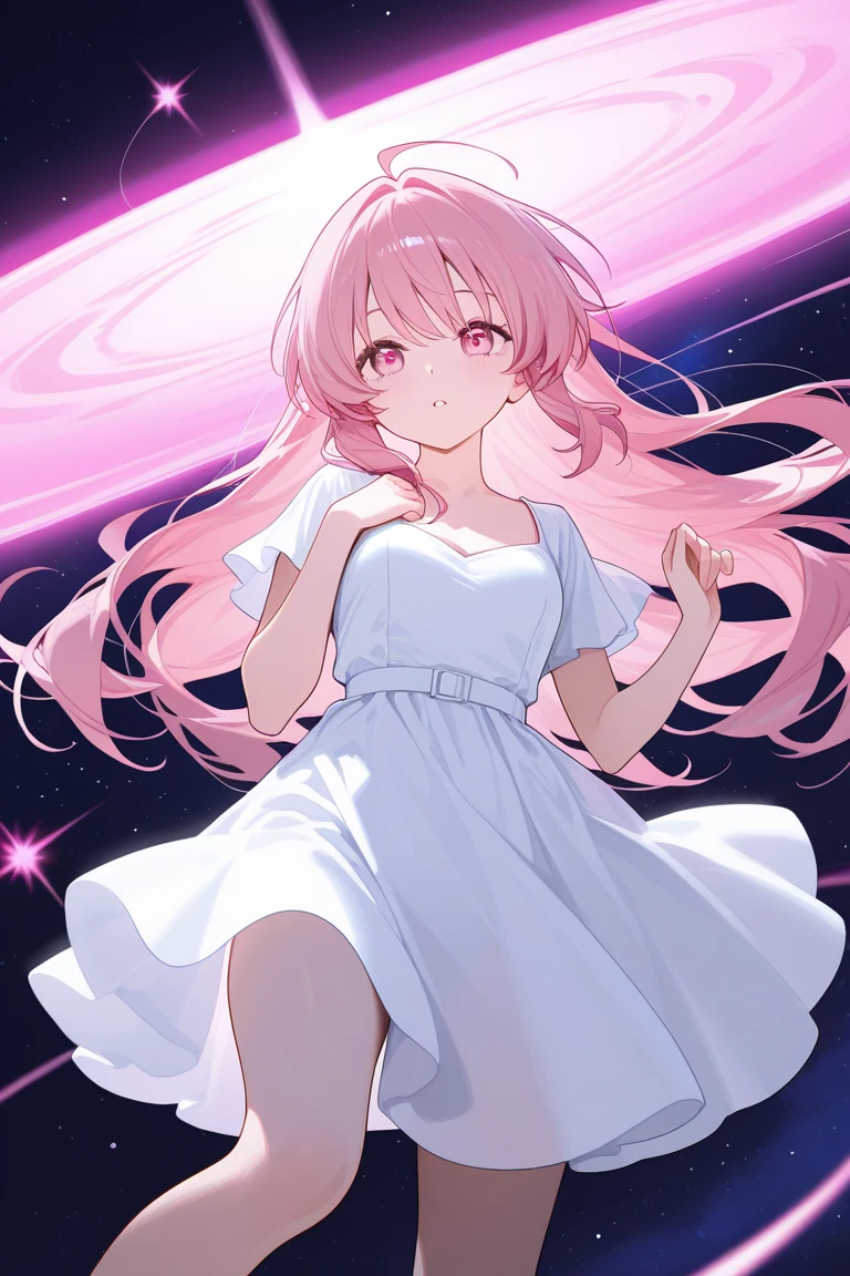 complex background, wishing star background, a woman wearing an ethereal mystical pink translucent dress that reflects the stars, dreamy, peaceful, serene composition, glowing stars, glowing, complex drawing, highly detailed, ethereal, starry night, midjourney style