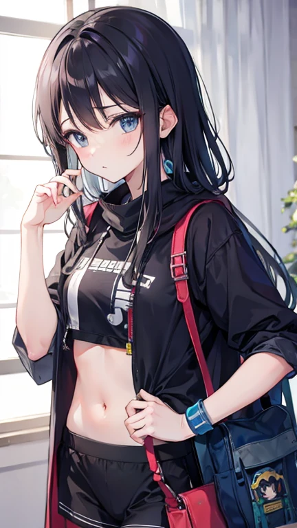 (masterpiece) (best quality) (shiny hair) (shiny skin), Best Quality, (1boy:1), Solo, Long hair, Show Audience, Bangs, Black hair, Aqua Eyes, Multicolored hair, Tokito_Muichirou, Male focus, Athletic wear, During exercise, Jersey, hooded hoodie, Sportswear, Spats, Sweat, Navel, Earbuds