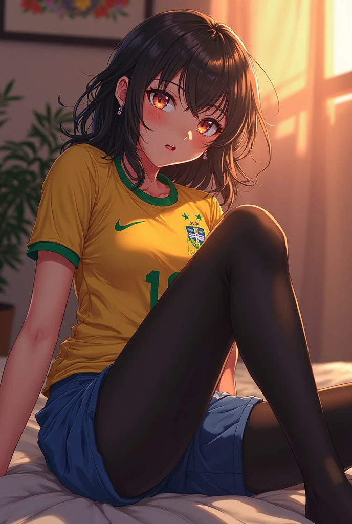 masterpiece, best quality, dark skin, short hair, yellow eyes, black hair, beautiful girl, thin, full body, plan boobs, short boobs, small boobs, short chest, big butt, wide thigh, green soccer jersey kit, playing soccer