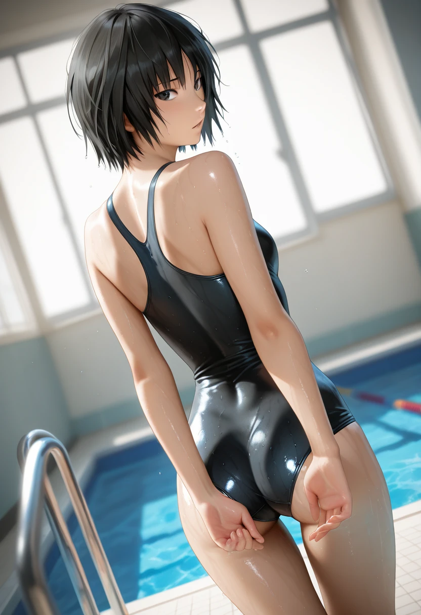 ((From above2.0,from side)),((Face focus2.0)),,Inside the sports gym,inside the dance studio,((sitting,extend her left leg)),One 16 years old girl,sweat,(dark skin color),short black hair,seductive smile,high-neck-leotard,((loose socks2.0)),((loose socks2.0)),sneaker,elbow pads,knee pads.